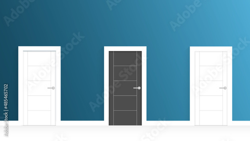White, black wooden door with cornice frame and blue color wall ,Diffence color close door minimal concept illustration.