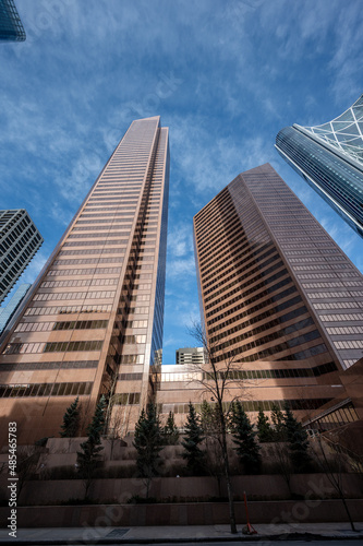 Looking up at skyscrapers in the city of Calgary.