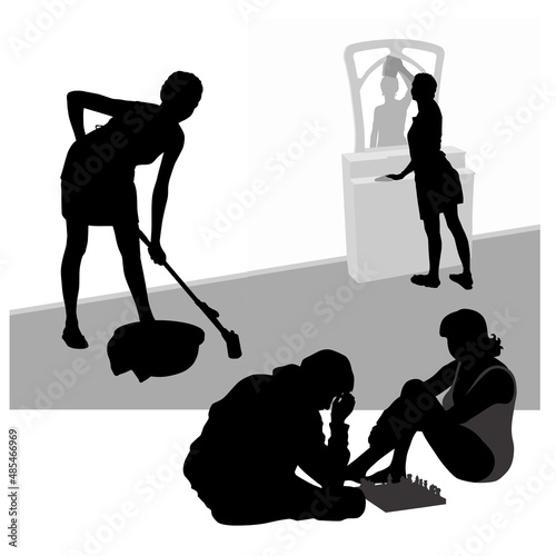 Set of silhouettes of people. Man and woman are playing chess, a girl is cleaning the house. A woman washes floor with a mop. The boy and the girl are sitting on the floor. Girl wipes mirror with rag