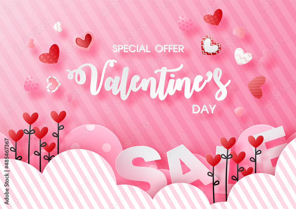 Valentine day's specials offer with sale wording, small harts and clouds on pink background. Valentine greeting card in paper cut style and vector design.