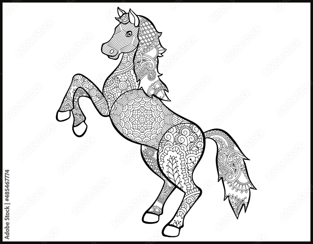 A coloring page of mustang horse. stylized hand-drawn Head horse