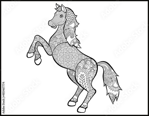 A coloring page of mustang horse.  stylized hand-drawn Head horse coloring page for adults vector illustration