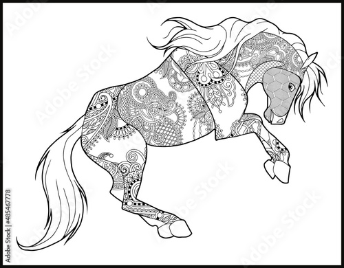 A coloring page of mustang horse.  stylized hand-drawn Head horse coloring page for adults vector illustration
