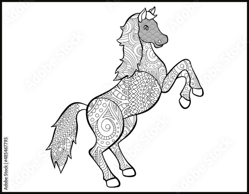 A coloring page of mustang horse.  stylized hand-drawn Head horse coloring page for adults vector illustration