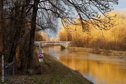 Wald und sonnenbeschienene Brücke im Abendlicht am Isarkanal