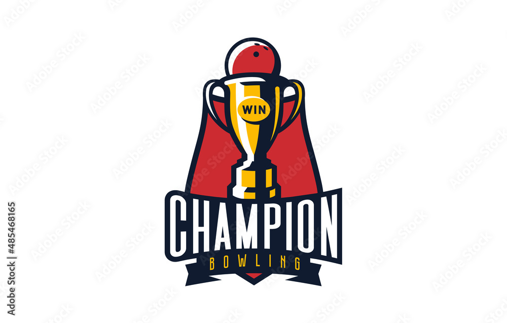 Logo, emblem of the bowling game champion. Colorful emblem of the cup with a ball on the background of the shield. Bowling champion logo template, game winner, league cup winner. Vector illustration