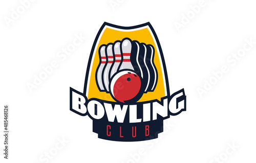 Bowling logo, emblem. Colorful emblem of bowling ball and skittles on the background of the shield. Sports club, team logo template. Badge, icon, ball, sphere, pin. Isolated vector illustration