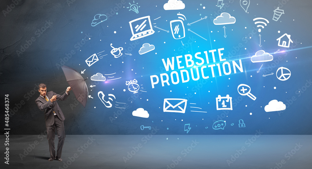 Businessman defending with umbrella, modern technology concept Businessman defending with umbrella, modern technology concept