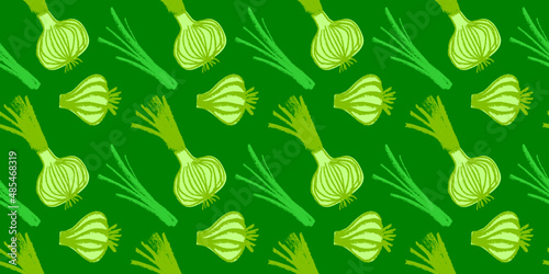 Vector onion pattern seamless. Green shallot illustration. Vegan restaurant ornament, vegetarian backdrop. Homemade cooking background. Vegetable wallpaper of food label or banner. Bulb onion drawings