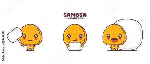vector samosa cartoon mascot, traditional indian food illustration, with blank board banner