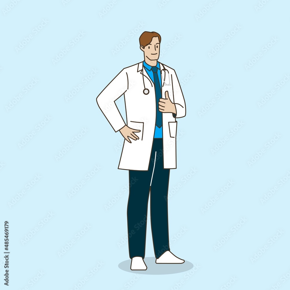 Male doctor show thumbs up in healthcare and medical concept. Hand draw style. Vector illustration. Male doctor show thumbs up in healthcare and medical concept. Hand draw style. Vector illustration.