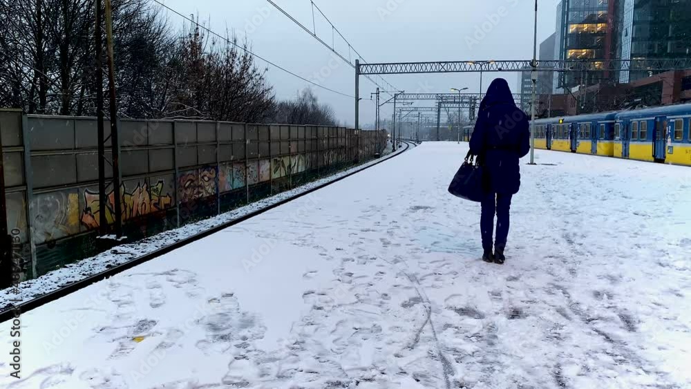 Woman from behind waiting at a train station in snowfall while a train crosses Woman from behind waiting at a train station in snowfall while a train crosses