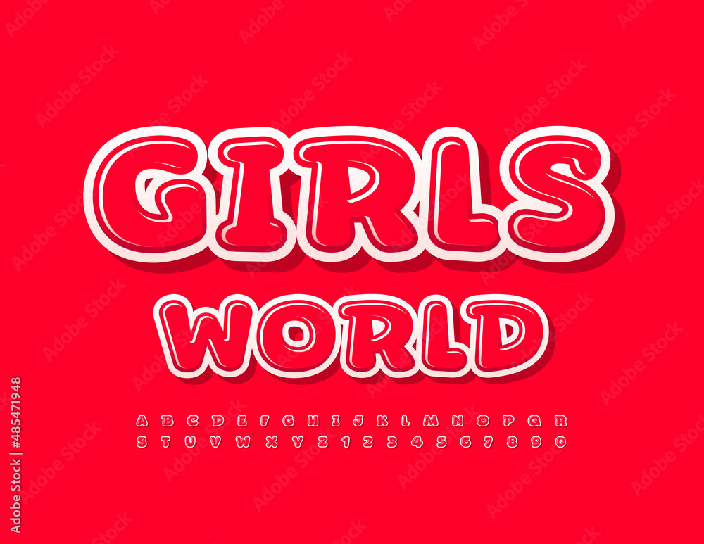 Vector abstract flyer Girls World. Playful Red Font. Creatie funny set of Alphabet Letters and Numbers Vector abstract flyer Girls World. Playful Red Font. Creatie funny set of Alphabet Letters and Numbers