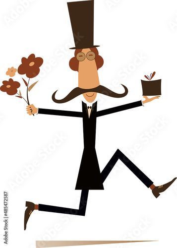 Running man with a bunch of flowers and present illustration. 
Long mustache man in the top hat hurries to give to woman a bunch of flowers and a present isolated on white background
