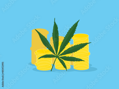 Cannabis leaf and money. Stacks of gold coins, the cost of weed.