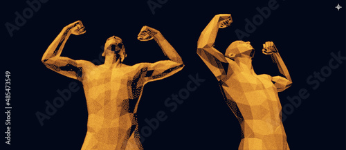 Champion raising both hands in the air as a true winner. Victory and freedom. Strong man raising hands up. Sport symbol. Leadership or workout bodybuilding concept. Vector illustration.