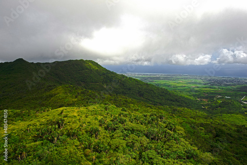 Aerial view of Piton Savanne and the south coast of Mauritius island