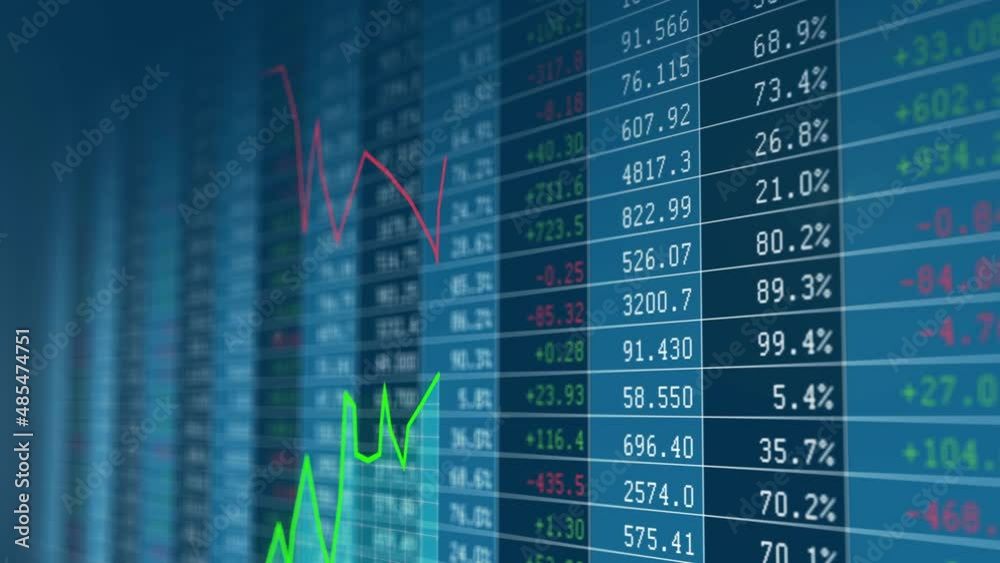 Green technical price graph rising in front of a blue changing stock market ticker. Indicating a finacial growth of business, financial and economic success and money investment analysis
