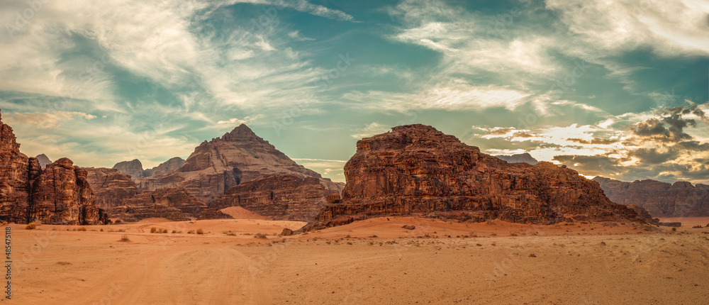 Scenic Wadi Rum mountains lanscape - obrazy, fototapety, plakaty 