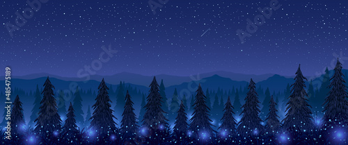 Fir mountain forest with glowing fireflies at starry night. Vector illustration.