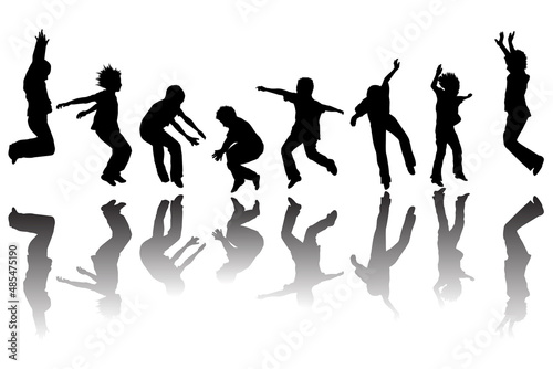 Silhouettes of kids jumping isolated on white background with shadows