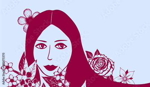 vector beautiful woman among flowers isolated on white background