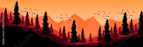 sunset forest mountain landscape flat design vector illustration for wallpaper, background, backdrop design, and design template