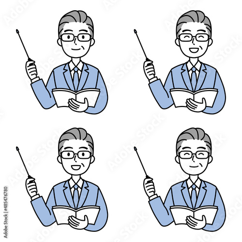 指し棒で説明するスーツの中高年男性（シンプル）