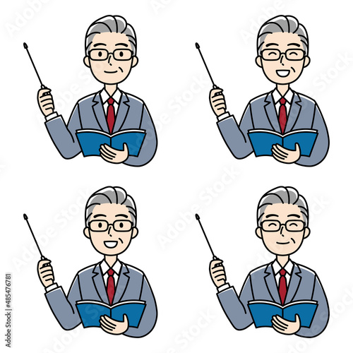 指し棒で説明するスーツの中高年男性（カラー）