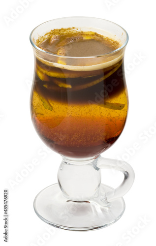 Coffee cocktail with liqueur, lemon and cinnamon