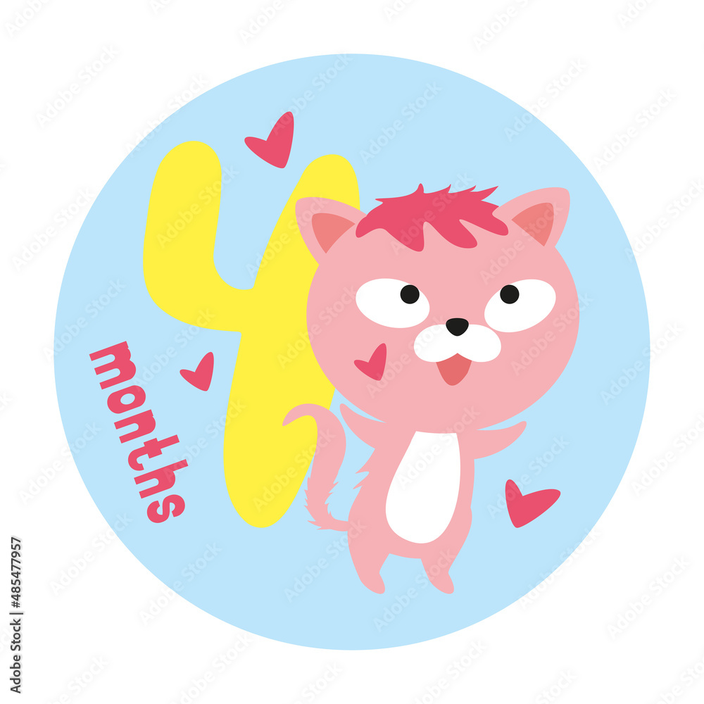 Obraz premium Baby sticker icon with cute cat animal four months old baby. Vector illustration in cartoon scandinavian style with number 4. Illustration for printing.
