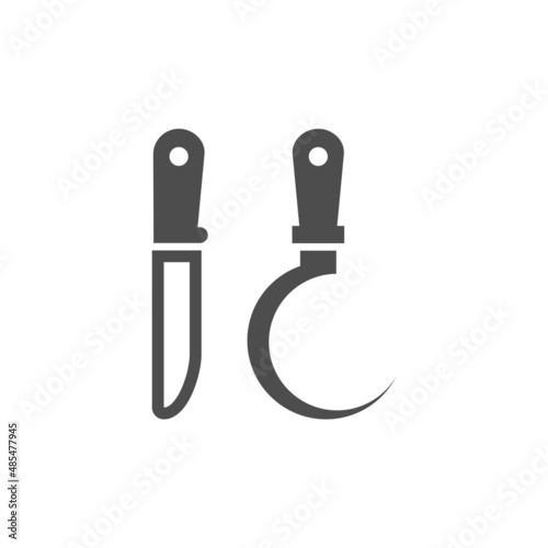 Sickle and knife black vector icon, garden tool, equipment and accessory