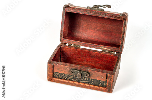 Open wooden box on a white background.