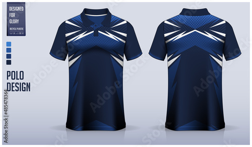 Blue Polo shirt mockup template design for soccer jersey, football kit, golf, tennis, or sport uniform. Fabric pattern design.