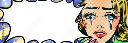 American comic’s blonde hair woman who is crying with speech bubble