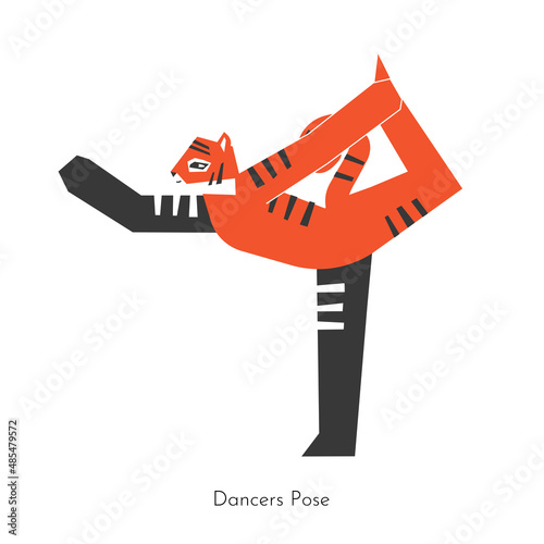 Vector isolated concept with cartoon animal learning balancing yoga practice - Natarajasana. Korean tiger does Lord of the Dance Pose. Geometric illustration with stretching exercise with backbend