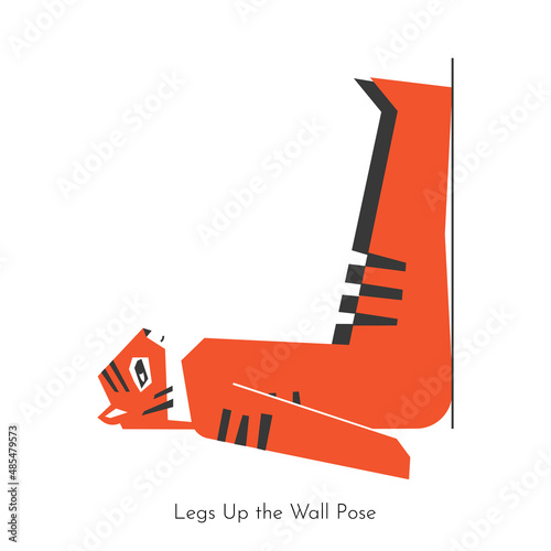 Vector isolated concept with cartoon animal learning yoga practice - Legs up the wall pose. Chinese funny tiger does Viparita Karani. Geometric illustration with restorative exercise to be healthy photo