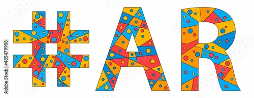 AR Hashtag. Mosaic isolated text. Letters from pieces of triangles, polygons and bubbles. #AR is abbreviation for the US American state Arkansas for print, clothing, t-shirt, poster, banner, flyer.
