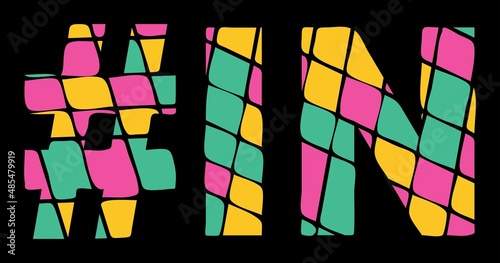 IN Hashtag. Tricolor isolated letters from contrast flowing fluid shapes. 3 colored Hashtag #IN is abbreviation for the US American state Indiana for social network, web resources, mobile app