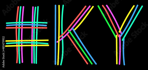 KY Hashtag. Multicolored bright isolate curves doodle letters. Hashtag #KY is abbreviation for the US America state Kentucky social network, web resources, mobile app.