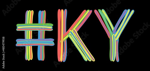 KY Hashtag. Multicolored bright isolate curves doodle letters like from marker, oil paint. #KY is abbreviation for the USA state Kentucky for social network, web resources, mobile apps.