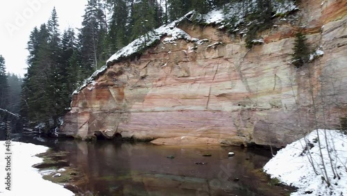 Aerial drone view of Suur Taevaskoda sandy outcrops in Estonia during winter photo