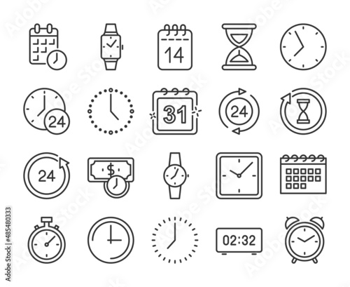 Clock icons. Time and Date line icon set. Editable Stroke.