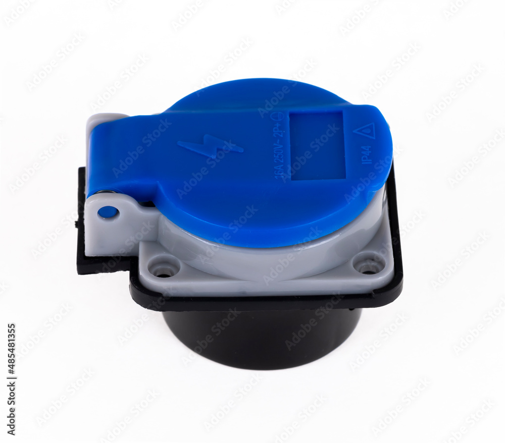 Extension cord and socket with special surge protection, standing on a white background. in blue. Extension cord and socket with special surge protection, standing on a white background. in blue.