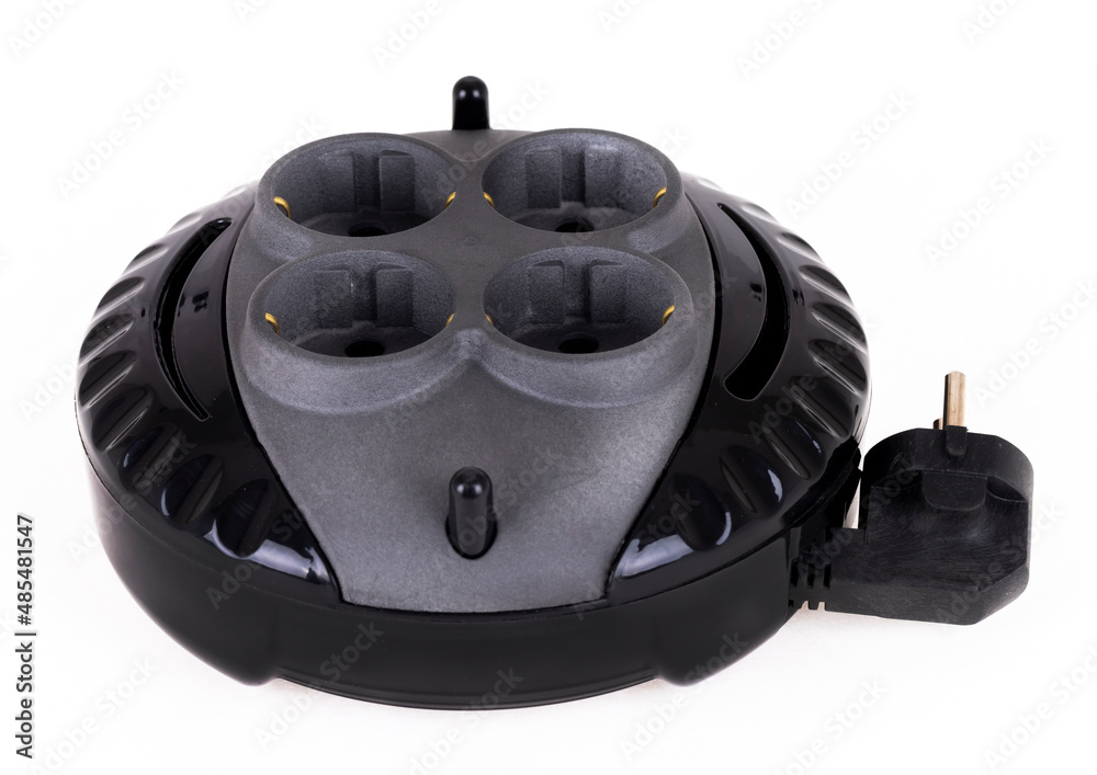 Fototapeta premium Extension cord and socket with special surge protection, standing on a white background. in black.