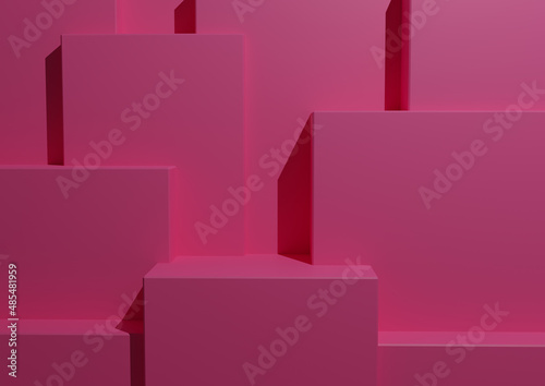 Minimal Bright Pink Background 3D Studio Mockup Scene with Podiums and Levels for Product Display and Presentation. Geometric Horizontal Architectural Wallpaper. 