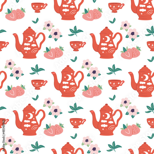 The red seamless pattern is in a vector illustration. This strawberry, chamomile tea print