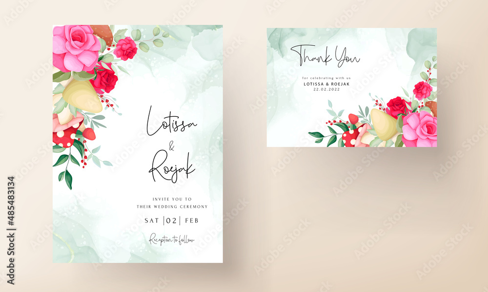 Beautiful hand drawn roses and mushroom wedding invitation card set