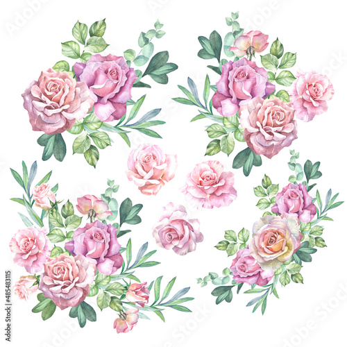 set of roses bouquets.watercolor flowers