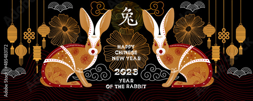 Big banner for happy chinese new year. Eastern zodiac symbol for 2023. Good for background, banner, poster, greeting card, wallpaper. Hieroglyph means Rabbit. Vector design element.